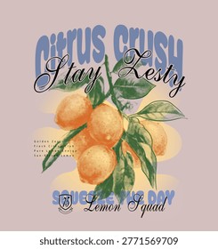 lemon graphic T-shirt Design. Citrush Crush, Stay Zesty Typography Slogan text print design. vintage fruit prints artwork. lemon poster design. Summer Tropical fruit prints