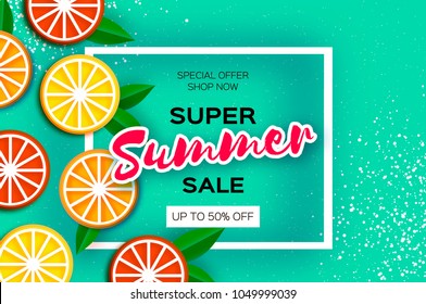 Lemon, graprfruit, orange. Citrus Super Summer Sale Banner in paper cut style. Origami juicy ripe slices. Healthy food on blue. Square frame for text. Summertime.