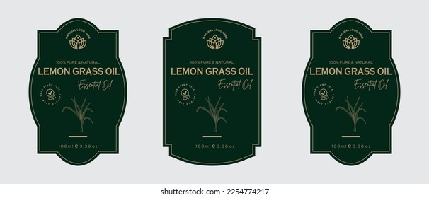 Lemon grass oil label design bug repellent label design cosmetic products for skin care and beauty, herbal ingredients. Labels with sketches, package emblem. Green gold premium vector illustration