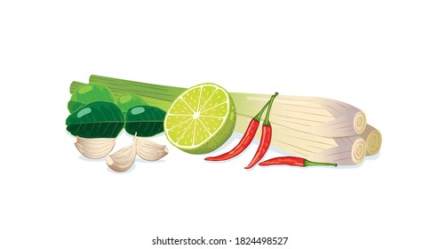 Lemon grass,chili,garlic,lime,kaffir lime leaf isolated on white background.