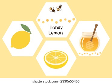 Lemon with green leaf, bee cartoon and honey pot on hexagon signs vector illustration.