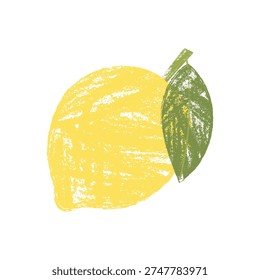 Lemon with green leaf in grunge textured style. Fresh citrus fruit isolated on white background. Vector crayon illustration.