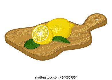 Lemon with green leaf on cotting board