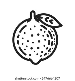 A lemon with a green leaf on top. The lemon is small and has a lot of spots