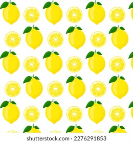 Lemon with green leaf and sliced pattern. For posters, logos, labels, banners, stickers, product packaging design, etc. Vector illustration.