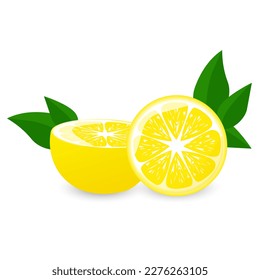 Lemon with green leaf and lemon sliced.For posters, logos, labels, banners, stickers, product packaging design, etc. Vector illustration.