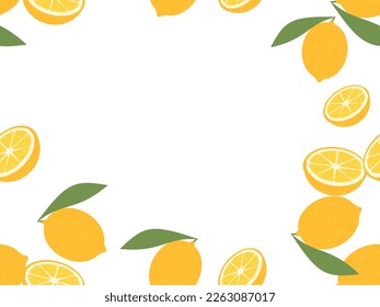Lemon with green leaves border on white background vector illustration.