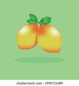 Lemon with green leaves. Citrus fruits, fresh fruits. Vector illustration.