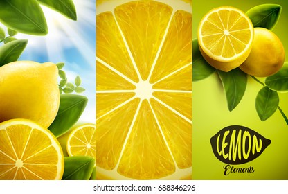 Lemon and green leaves elements, natural and refreshing fruit in orchard and closeup look at flesh, 3d illustration