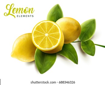 Lemon and green leaves elements, natural and refreshing fruit isolated on white background, 3d illustration