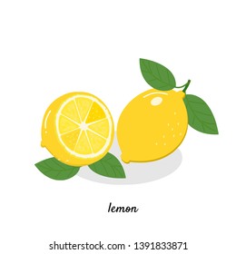 Lemon with green leaves isolated on white background.