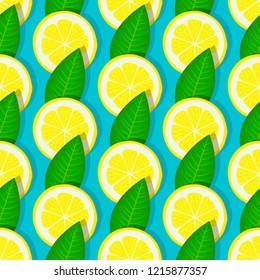 lemon with green leaves seamless pattern