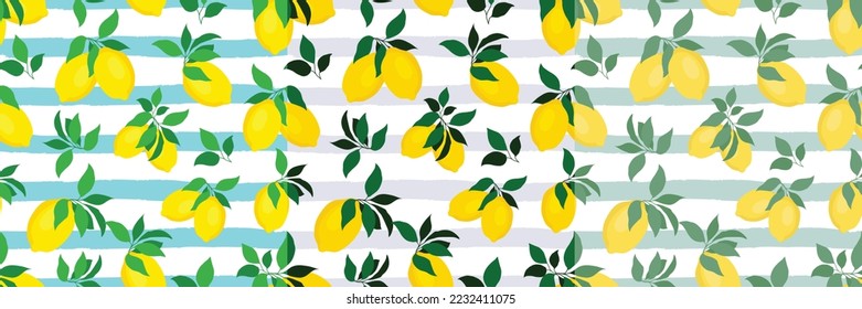 Lemon with green leaves seamless pattern Mediterranean citrus and stripes vector color variations hand drawn illustration table cloth style for print fabric textile paper wallpaper background web - Shutterstock ID 2232411075