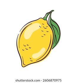 Lemon with green leaves in a simple flat style. Perfect for food citrus drink, healthy lifestyle and organic design. Great for kitchen decor and cafe menu design.