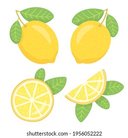 Lemon with green leaves. A whole lemon, half a lemon, a slice of lemon. Lemons icon collection. Citrus fruits, fresh fruits. Vector illustration isolated on white background. 