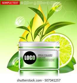 Lemon and Green tea Serum and Background Concept Skin Care Cosmetic.