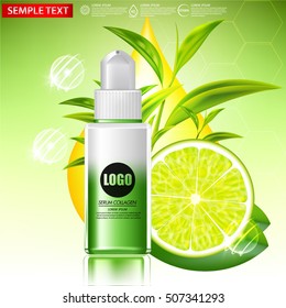 Suero de limón y té verde y concepto de fondo cosmético para el cuidado de la piel.