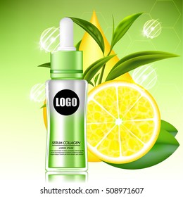 Lemon and Green tea Serum and Background Concept Skin Care Cosmetic.
