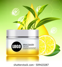 Lemon and Green tea Serum and Background Concept Skin Care Cosmetic.