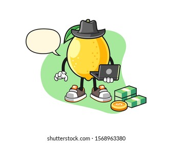 Lemon hacker with speech bubble cartoon. Mascot Character vector.