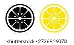 Lemon half front view icon. Black and yellow outline style. Minimal flat vector citrus symbol isolated.