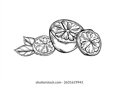 Lemon half, slices, and leaves black and white vector illustration. Etching drawing of citrus fruits for food packaging, beverage branding, healthy lifestyle projects, and kitchen decor.