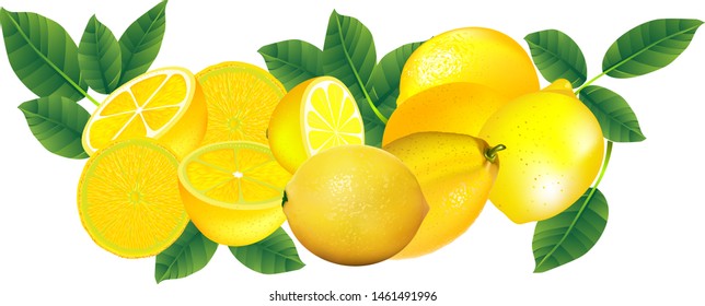 Lemon half-sliced with green leaves, white background.
