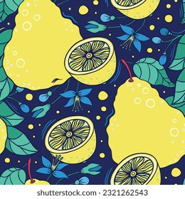 Lemon halves pears and flowers abstract seamless pattern. Delicious fruits and leaves vector images on dark blue background. Cartoon icons design