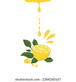 Lemon and lemon halves with a sprig and drops of lemon juice. A bright composition of vector illustration. Citrus composition. For the design of postcards, prints, stickers and other uses.