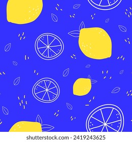 lemon hand drawn doodle in blue background wallpaper seamless pattern 