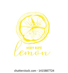 Lemon hand drawn illustration. Ink pen outline sketch of fruit. Yellow clipart with calligraphy inscription. Realistic citrus plant freehand drawing. Isolated monochrome design element