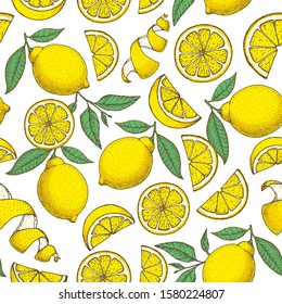 Lemon hand drawn illustration. Lemon seamless pattern. Sketch vector illustration. Can used for packaging design. Lemon citrus food.