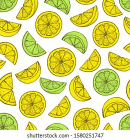 Lemon hand drawn illustration. Lemon seamless pattern. Sketch vector illustration. Can used for packaging design. Lemon citrus food.