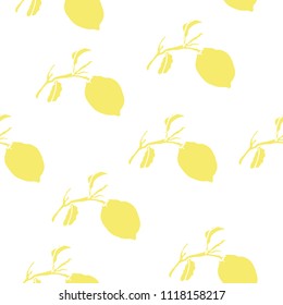 Lemon hand drawn illustration vector seamless pattern. Lemon hand drawn illustration vector. Whole lemon and brunch with leaf sketch. Isolated on white background.