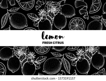 Lemon hand drawn package design. Vector illustration. Lemon sketch for menu design, brochure illustration. Black and white design. Citrus lemon pattern illustration. Can used for packaging design.