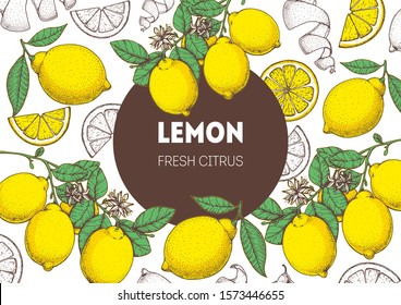 Lemon hand drawn package design.  Lemon tree frame template. Vector illustration. Lemon sketch for menu design, brochure illustration Colorful design. Citrus pattern illustration. Can used for package