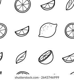 Lemon handgezeichnete nahtlose Muster in minimalistischen einfachen Stil. Schwarz-weiß Doodle Illustration von ganzen Fruit and Cut Citrus Scheiben. Für Papier, Speisekarte, Stoff.