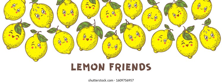 Lemon hand drawn vector illustration. Character lemon for design. Cartoon style. Citrus lemon pattern illustration. Lemon packaging design. Cute food kawaii.