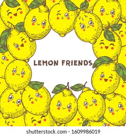 Lemon hand drawn vector illustration. Character lemon for design. Cartoon style. Citrus lemon pattern illustration. Lemon packaging design. Cute food kawaii.