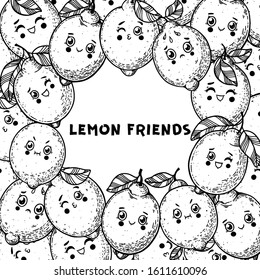 Lemon hand drawn vector illustration. Character lemon for design. Black and white style. Citrus lemon pattern illustration. Lemon packaging design. Cute food kawaii. Hand drawn sketch.