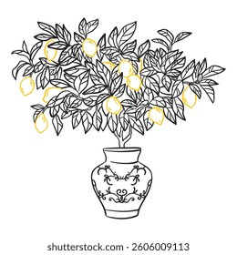 Lemon harvest illustration. Hand drawn Amalfi doodle black drawing for t-shirt print, invitation. Italian Dolce vita summer element in sketch style.	
