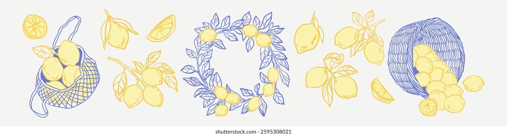 Lemon Harvest Illustration Set. Hand drawn vector drawing of citrus branch and wreath. Amalfi Coastal Elements in doodle sketch style for sea beach party invitations.	
