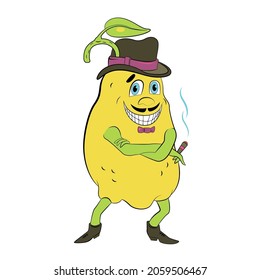 Lemon with a hat and a mustache and a cigar. A mobster character. Comic illustration for postcards