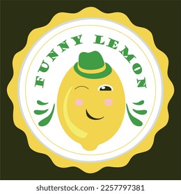 El limón en el sombrero hace guiños. Frutos graciosos pegajosos en un fondo oscuro. Ilustración vectorial.