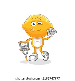 the lemon head sick with limping stick. cartoon mascot vector