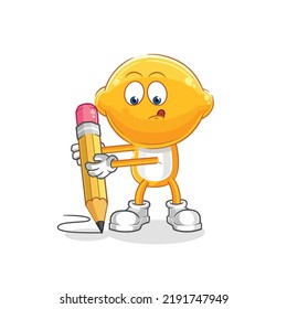 la cabeza de limón escribe con lápiz. vector de mascota de dibujos animados