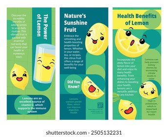 Lemon health benefit organic citrus fruit information flyer design template set isometric vector illustration. Juicy refreshment natural lime food and drink recipe poster with cartoon character