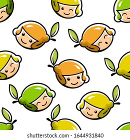 Lemon. Healthy Food concept. Emoji Emoticon. Characters for kids coloring book, t-shirt, icon, logo, label, sticker. Vector seamless pattern for textile, print, fabric,backdrop,wallpaper, background.
