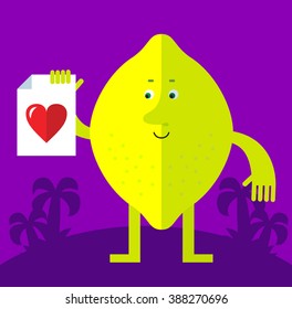 Lemon with heart icon. Flat style vector illustration . Funny cartoon character