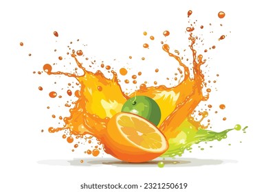 Lemon hitting in the water and make splash. orange Juice splash vector art illustration. Fresh ripe orange fruit, orange cut, juice, smoothie 3D splash twisted.